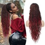 RUWISS Ponytail Extension 26 Inch Drawstring Ponytail Hair Extension Wavy Curly Clip in Ponytail Hair Extensions, Synthetic Pony Tails Hair Pieces for Women(Wine Red)