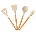 Silicon Spatula for Kitchen | Non-Stick | Cooking Spatulas with Wooden Handle | Spatula Turner Serving Cooking Spoon | Spatula Combs for Kitchen Tools Set (Set of 4 Cream)