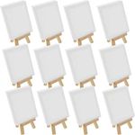 U.S. Art Supply 4" x 6" Stretched Canvas with 8" Mini Natural Wood Display Easel Kit (Pack of 12), Artist Tripod Tabletop Holder Stand - Painting Party, Kids Crafts, Oil Acrylic Paints, Signs, Photos