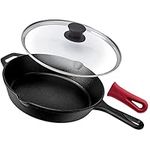 Cast Iron Skillet with Lid - 10"-Inch Frying Pan + Glass Cover + Heat-Resistant Handle Holder - Pre-Seasoned Oven Safe Cookware - Indoor/Outdoor Use - Grill, Stovetop, Camping Firepit, Induction Safe