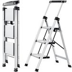 XinSunho Step Ladder 3 Step, Aluminum Folding Step Stool with Retractable Handgrip & Removable Tool Tray, Lightweight Stepladders for High Closet, 330LBS Household 3 Step Ladder - Silver