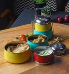 Elan 3 Tier Traditional Indian Lunch Box | Three Compartment Stainless Steel Tiffin Box for Office | Pyramid Shape Food Carrier for Men (Yellow-Aqua-Red, 3T)