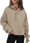 Lynkiss Womens Sweatshirts Half Zip Cropped Pullover Fleece Quarter Zipper Hoodies Fall Outfits Clothes Thumb Hole Khaki