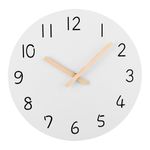 10'' Wooden Wall Clock - Plumeet Small Frameless Clocks with Silent Quartz Movement - Modern Style Village Wall Clocks Decorative Home Kitchen - Battery Operated (White)