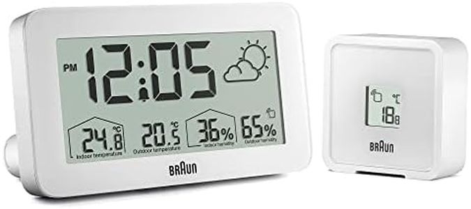 Braun Digital Weather Station Clock with Indoor and Outdoor Temperature and Humidity, Forecast, LCD display, Quick-set, Crescendo beep alarm in white, model BC13WP.