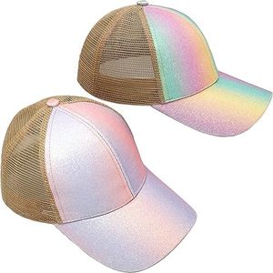 YeeHeen Baseball Cap for Girls Criss Cross Ponytail Baseball Hats Rainbow Glitter Sun Cap Yellow Blue