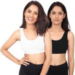 DChica Sports Bra for Girls & Women Cotton Non Padded Full Coverage Beginners Non-Wired T-Shirt Gym Workout Bra with Regular Broad Strap, Activewear Training Bra for Teenager (Pack of 2) Black