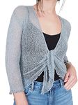 Mimosa Ladies Crochet Glitter or Plain Stretch Lace Fish Net Bali Tie at Waist Bolero Shrug Open Cardigan (Grey, 6-16)