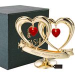 Matashi 24K Gold Plated Happy Anniversary Double Heart Table Top Ornament with Red Crystals