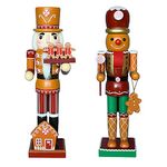 40cm Christmas Decorative Nutcrackers, 2 Ginger Bread Men, Handmade Wooden Puppet Figures, Collectible Festive Present Figurine Shelves Tables Decorations