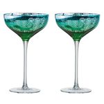 Artland - Set of 2 Champagne Saucers - Peacock Pattern, Multi-Coloured Coupe Cocktail Glasses, Electroplated Glass, Gift Idea for Birthday, Party, or Dinner Decorations