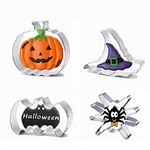 Halloween Cookie Cutters Set, 4 Pieces Stainless Steel Halloween Biscuit Cutters Shape - Pumpkin, Bat, Spider, Witch Hat for Halloween Baking, Party