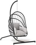 YITAHOME Wicker Swing Egg Chair with Cushions 350lbs, Foldable Hanging Basket Chair W/Stand Rattan Hammock Chair for Outdoor, Indoor, Patio, Bedroom - Grey