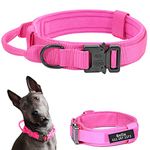 Personalized Military Tactical Dog Collar with Handle, Custom Pet Name Tags for Medium Large Dogs Walking Training (Pink, L)