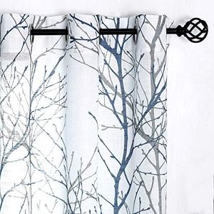 Print Blue White Semi-Sheer Curtain Panels for Bedroom 63” Grey Tree Branch Printing on Linen Textured Window Treatment Set for Living Room Draperies 50”w 2-Pack