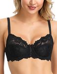 WingsLove Women's Floral Lace Bra Underwire Non Padded Soft Cup Full Coverage Black 38G