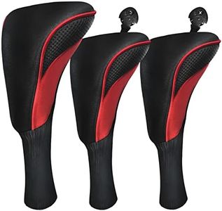 Golf Club Head Covers for Fairway Woods Driver Hybrids 3 Pieces Long Neck Mesh Sports Fan Golf Club Headcovers Set with Interchangeable No. Tags 3 4 5 6 7 X Golf Accessories for Men Women (Black Red)