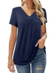 Amoretu Women's Summer Elegant V-Neck Pleated Shirt Casual Short Sleeve Tunic Blouse, navy, M