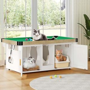 DWVO 4 in 1 Cat Toys Mini Pool Table for Cats, Litter Box Enclosure for 2 Cats, Cat Pool Table Tower with Feather Wand Interactive Exercise Play Rest Beds & Litter Box Furniture, White, Large