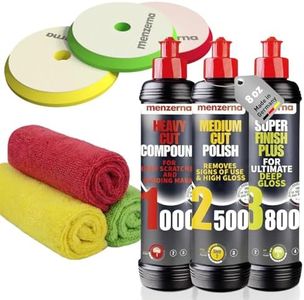 menzerna Polishing Set 8oz – HCC1000, MCC2500 & SFP3800 | 3-Step System incl. 3 Matching Pads & 3 Matching Microfiber Towels for Scratch Removal, Swirl Elimination & Mirror-Like Finish