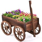 S AFSTAR Wooden Wagon, Wood Flower Planter Pot Stand with 4 Wheels & Drainage Holes, Amish Wagon Planter, Rolling Pot Stand Wood Wagon for Outdoor Plants Garden Decorative Garden Planter, Brown