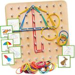 Panda Brothers Wooden Geoboard - Montessori Toy, Graphical Mathematical Education Toy for Kids with 30 Pattern Cards and 40 Rubber Bands to Create Figures and Shapes, Brain Teaser STEM Toy Geo Board