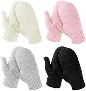 Hicarer 4 Pairs Women Mittens for Women Adult Winter Ladies Mittens Knitted Gloves Warm Fleece Mittens Double Wool Gloves, Black, White, Light Grey, Pink, about 3.9 x 9 inches