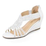 PIZZ ANNU Womens Sandals Mid Wedge Heel Glitter Shoes for Ladies Strap Rhinestones Bridal Wedding Evening Party Size 4 White