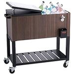 VEVOR Rolling Ice Chest Cooler Cart 80 Quart, Portable Bar Drink Cooler, Beverage Bar Stand Up Cooler with Wheels, Bottle Opener, Handles for Patio Backyard Party Pool, Wooden Teak Accent, Brown