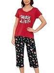 MyFav Women's Christmas Pyjamas Sets Funny Print Short Sleve Sleepwear Holiday 2 Piece Pjs Lounge Set Soft Nightwear,Wine Red,3XL