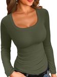 VICHYIE Womens Long Sleeved Shirt Ribbed Knit Square Neck Slim Fitted Casual Fall Tops Basic Tunic Army Green S