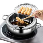 Deep Fryer Pot - Japanese Tempura Small Stainless Steel Deep Frying Pot With Thermometer,Lid And Oil Drip Drainer Rack for French Fries Chicken Wings and Shrimp (24cm/9.4inch)