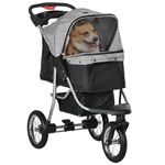 PawHut Luxury Pet Stroller Lightweight Dog Cat Travel Carriage with 3-Rubber Wheels, One-click Folding Design, Adjustable Canopy, Zippered Mesh Window Door, Grey