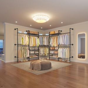 Timate L5 Expandable Wall Mounted Clothes Rack for Corner, L Shape Heavy Duty Industrial Pipe Clothing Rack with 8 Adjustable Shelves & 4 Hanger Rods, Closet System for Hanging Clothes, Black