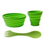 Ecoart Silicone Collapsible Bowl Cup Set with Spork for Outdoor Camping Hiking Travel, Green - Set of 3