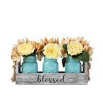 HOMKO Mason Jar Centerpiece Set with Artificial Flower, Kitchen Table Decor Centerpiece in Farmhouse Rustic Style for Flatware Organizer, Flower arrangement, Garden Wedding (Blue, Medium)