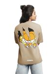 Bewakoof Women's Smiling Cat Graphic Printed 100% Cotton T-Shirt Oversized Fit,Round Neck, Half Sleeve_592498_Brown_XL