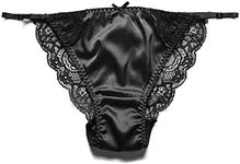 SilRiver Womens Silk String Bikini Satin Panties for Women Underwear Shiny Tanga Briefs (Black, Small-Medium)