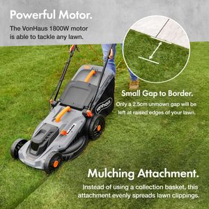 VonHaus 1800W Electric Lawnmower – 52L Bag, 430mm Width, Adjustable Handle