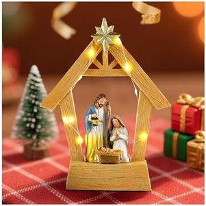 7.5" Nativity Scene with Lights - Hand Painted Nativity Sets Resin Figure, First Christmas Story Decoration Holy Family Manger Little People Nativity Set for Indoor Mantle Shelf Tabletop