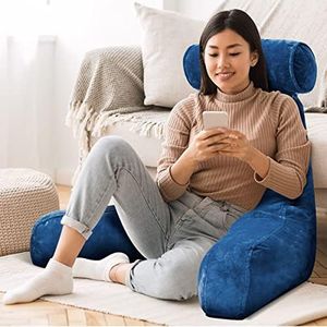 Luxdream Reading Pillow Back Rest Pillow Shredded Memory Foam Back Support Pillow Backrest Pillow with Arm & Detachable Neck for Lounging Reading Working On Laptop Watching TV Navy Blue