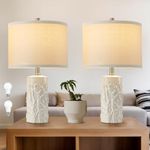 Farmhouse Ceramic Bedside Lamp Set of 2, Tree Trunk Grain Nightstand Lamp with Eye-Protecting Fabric Shade for, 3-Color Temperature&2 Bulbs - Rustic Country Table Lamp for Living Room Decor (21.4")