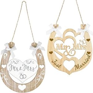 2 Pieces Wedding Horseshoe Craft Acrylic Heart Horseshoe Cutout Art Horseshoe Cutout Decor Wedding Anniversary Favors Hanging Sign for Wedding Anniversary Door Wall Decor, 5.3 x 4.7 Inch(Wood)