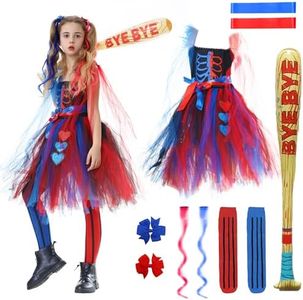 IEEILULU Costume Quinn Bambina, Halloween Vestito Harley Cosplay Set, Costumi Outfit con Clown Vestiti Parrucca Calze Mazza Gonfiabile per Halloween Carnevale Cosplay feste (XXL)