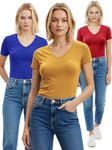 Emmalise Women's Plain Short Sleeve V Neck T Shirt(3P-Ryl/Mstd/Red-3X)