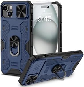 NULETO for iPhone Case with Slid Camera Cover and Bulit-in Kickstand, Rugged Phone Case with Super Magnetic and Rotatable Ring Holder Stand for iPhone Case, Blue