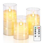 Homemory Flickering Flameless Candles with String Lights, Battery Operated Candles with Remote Control and Timer, Embedded Fairy Lights, Unbreakable LED Candles, Ivory White, D3” x H4”5”6”, Set of 3