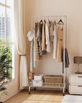 Clothes Rack with Wheels, Clothing Rack for Hanging Clothes With Metal Storage Basket and Side Flexing Bar, Multi-functional Bedroom Clothes Rack With 4 Hooks, Clothes Organizer for Living Room