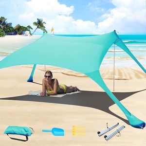 Cuupo Tente de plage pop-up 2 x 2,1 m SPF 50 en lycra, protection solaire, pour l'extérieur, anti-vent, protection solaire avec barres de stabilité, arrière-cour avec couverture de plage turquoise