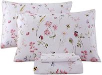 RYNGHIPY Shabby Floral Bees Print Bedding Sheets with Pillowcases, Breathable Egyptian Cotton Bed Sheet Set (Bee,King Size)